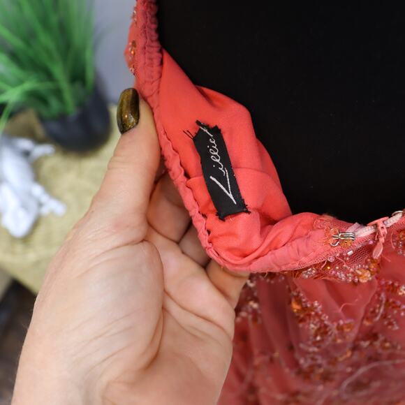 Lillie Rubin Coral Beaded Halter Gown Open Back Formal Dress Size L - Picture 4 of 5